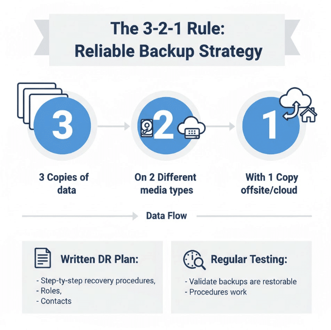 Infographic showing Reliable Back Up Strategies including the 3-2-1 Rule, DR Plan and Regular Testing