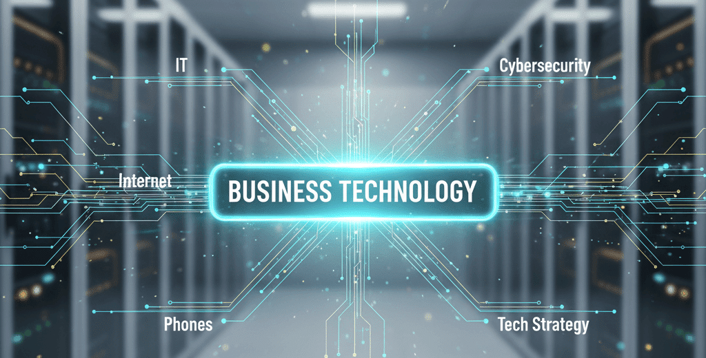 Diagram showing IT, Internet, Phones, Cybersecurity, and Tech Strategy converging into a central Business Technology hub.