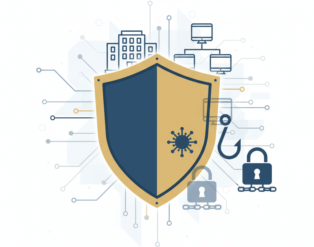Graphic illustrating a shield protecting an SMB network from cyber threats like viruses and phishing.