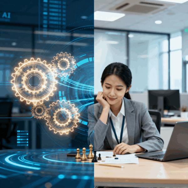 Split image showing glowing digital gears interface on the left and a professional woman thinking at her office desk on the right.