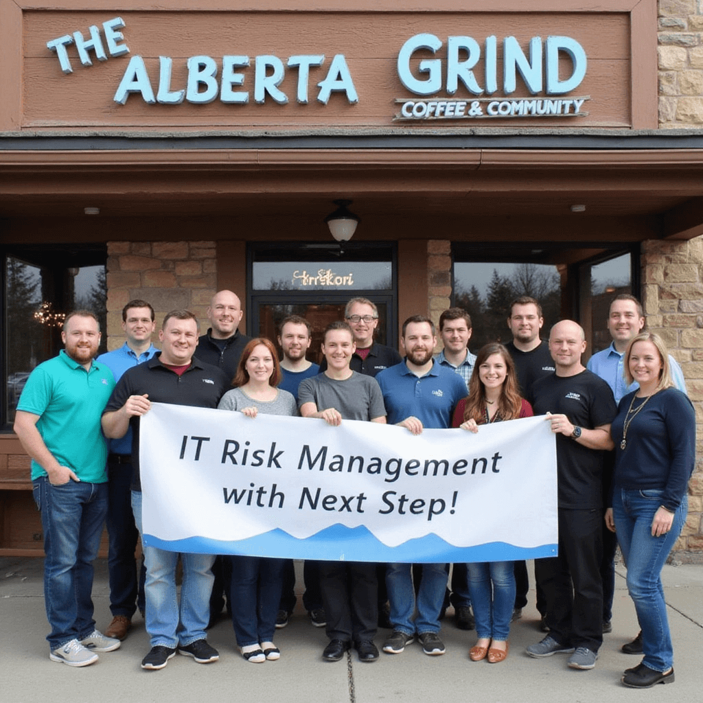 Next Step team holding an 'IT Risk Management with Next Step!' banner outside The Alberta Grind coffee shop.