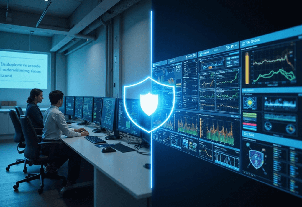 Conceptual image showing the connection between IT office systems and OT industrial controls in the energy sector, highlighting cybersecurity.