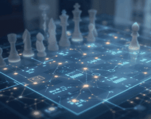 Chess pieces arranged on a glowing digital chessboard representing IT strategy and planning.