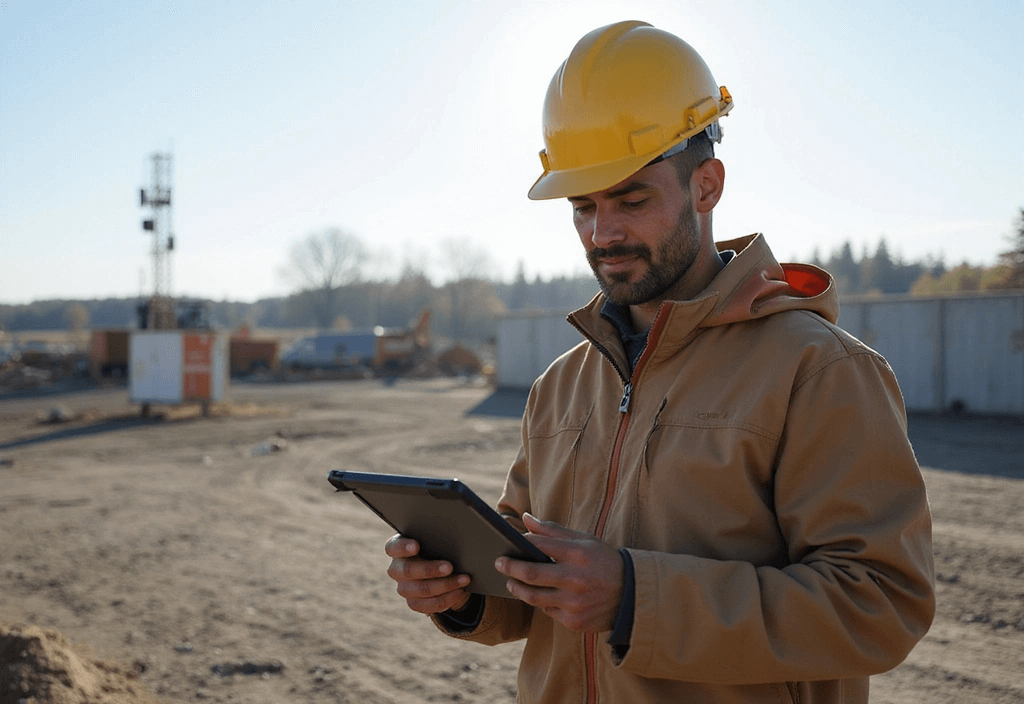 Construction manager using a rugged tablet for project management on an active Alberta job site, demonstrating reliable connectivity.