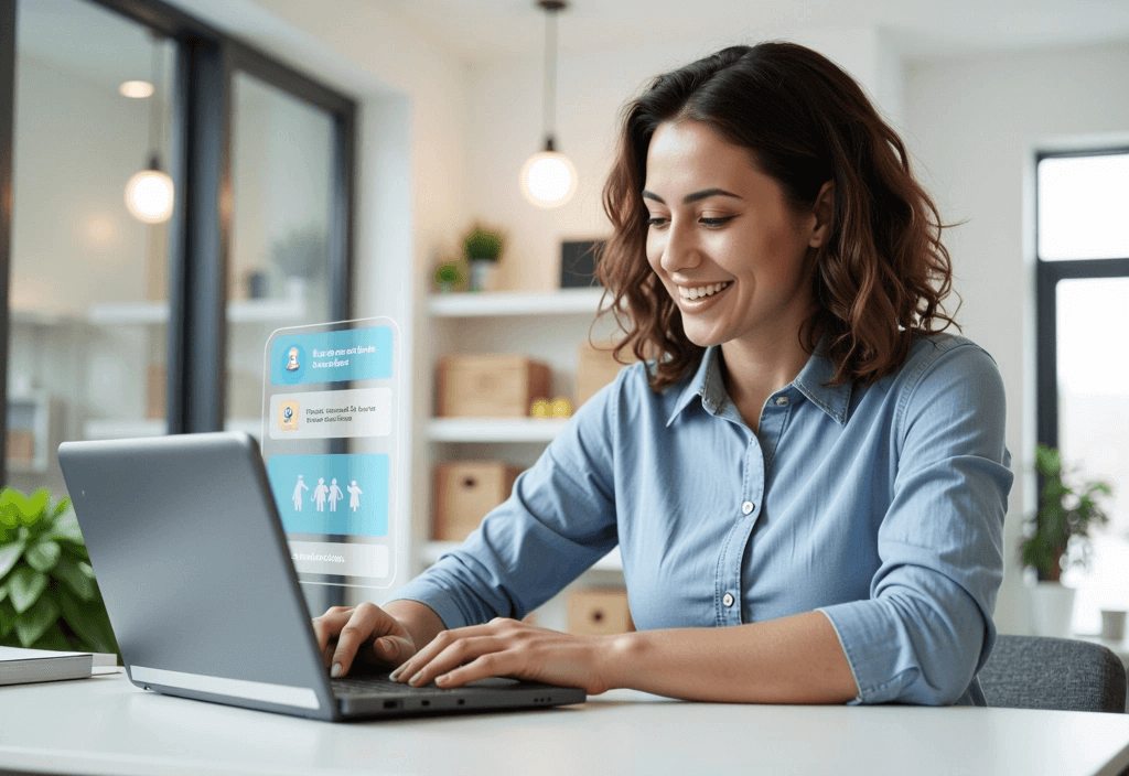 Smiling professional woman using a laptop with a holographic chat interface displaying messages next to the screen in a modern office.
