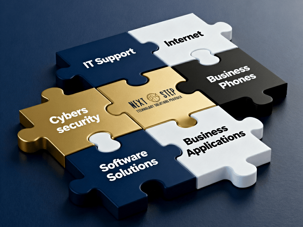 Diagram showing NSTSP as a central partner, unifying infrastructure (IT support, internet, phones, cybersecurity) and applications (HubSpot, Bricsys CAD, ADP).