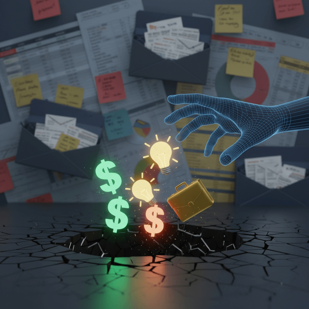 Illustration of a hand reaching for dollar signs and lightbulbs falling into a cracked hole, symbolizing lost sales, leads, and missed business opportunities.