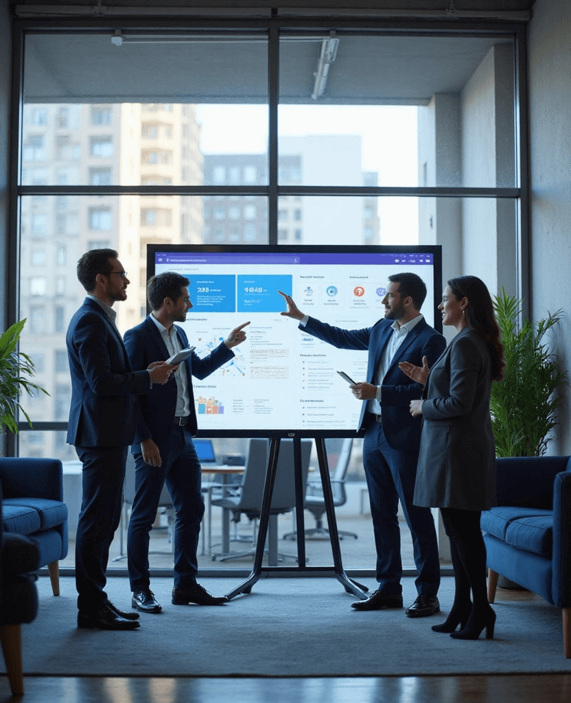 Alberta business team collaborating seamlessly using Microsoft 365 and Azure cloud dashboards in a modern office.