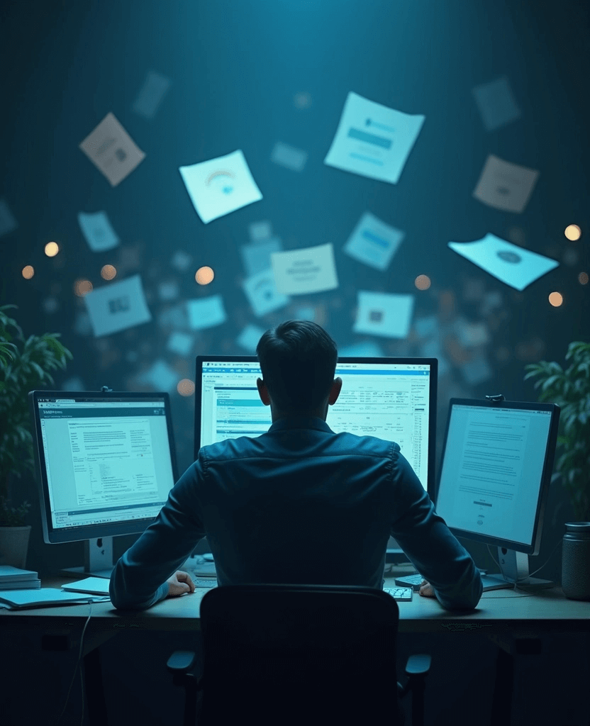 Business professional overwhelmed by digital file chaos and version control nightmares with documents floating above computer screens.