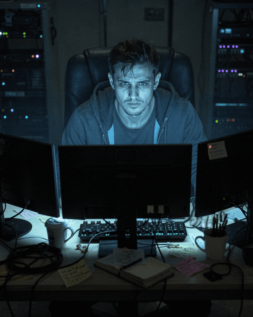 Stressed internal IT manager working late alone in a dark server room, representing the burnout of the solo IT model.