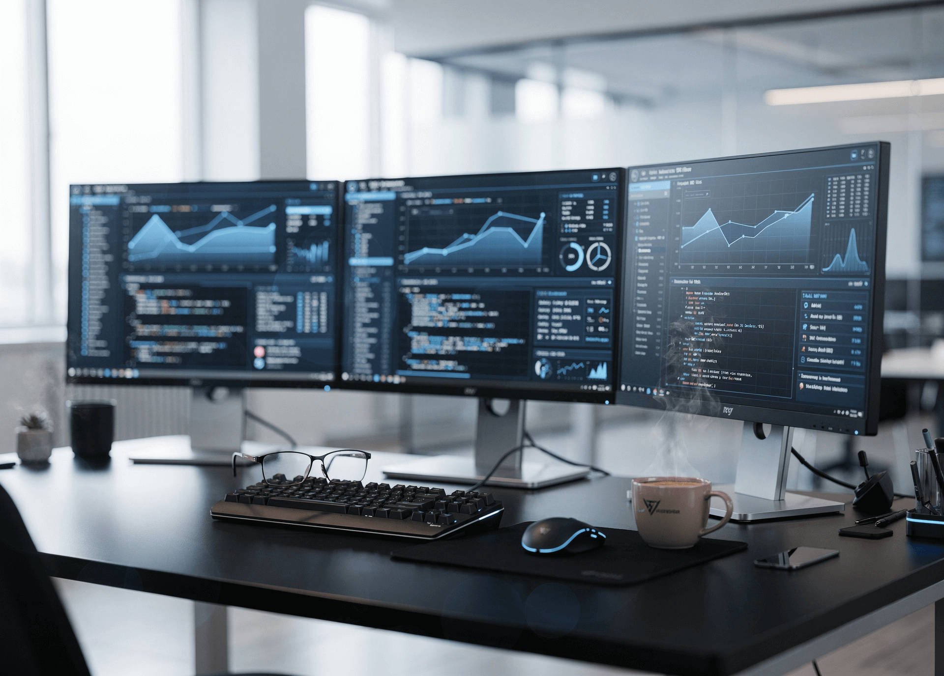 Triple-monitor IT workstation displaying real-time Managed IT Services diagnostics and business technology performance charts.