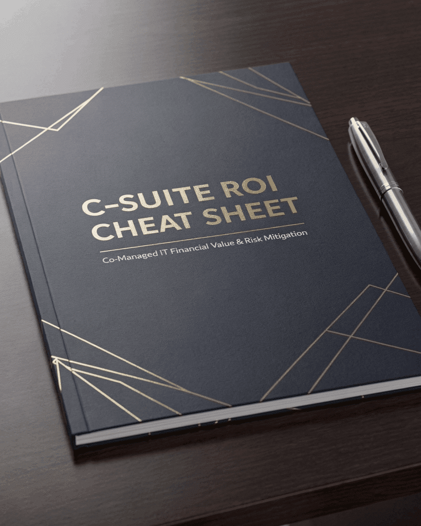 Professional blue and gold document titled 'C-Suite ROI Cheat Sheet' on an executive desk, representing the financial business case for co-managed IT.