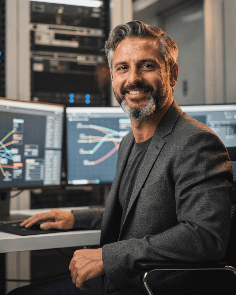 Portrait of a smiling senior IT engineer sitting at a desk with network monitoring screens, representing a friendly peer-to-peer technical consultation.
