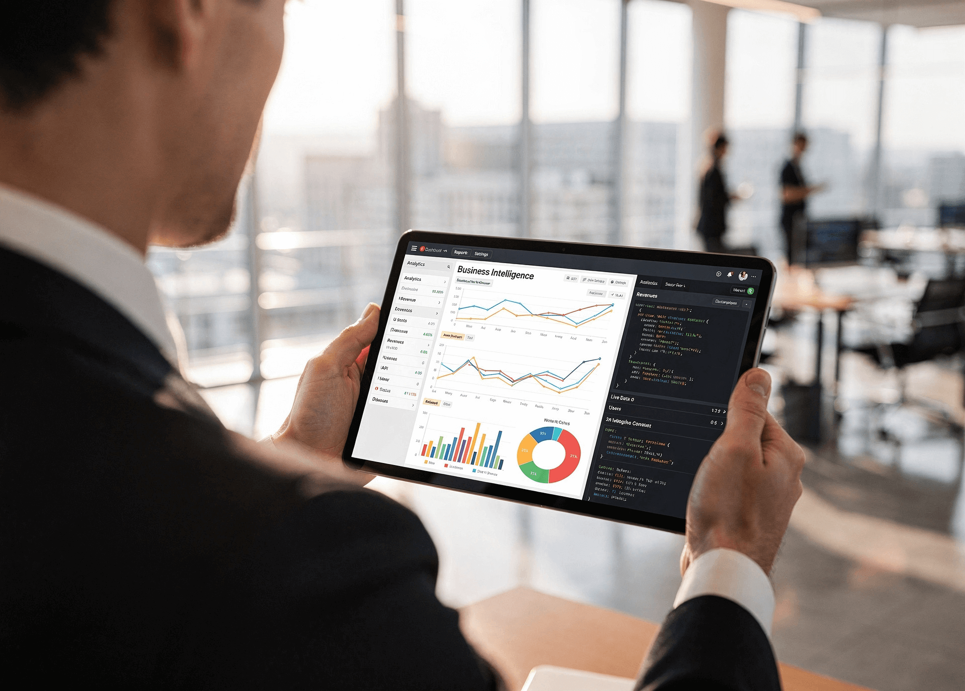 Professional analyzing a business intelligence dashboard and code integration on a tablet in a modern office, representing custom software solutions.