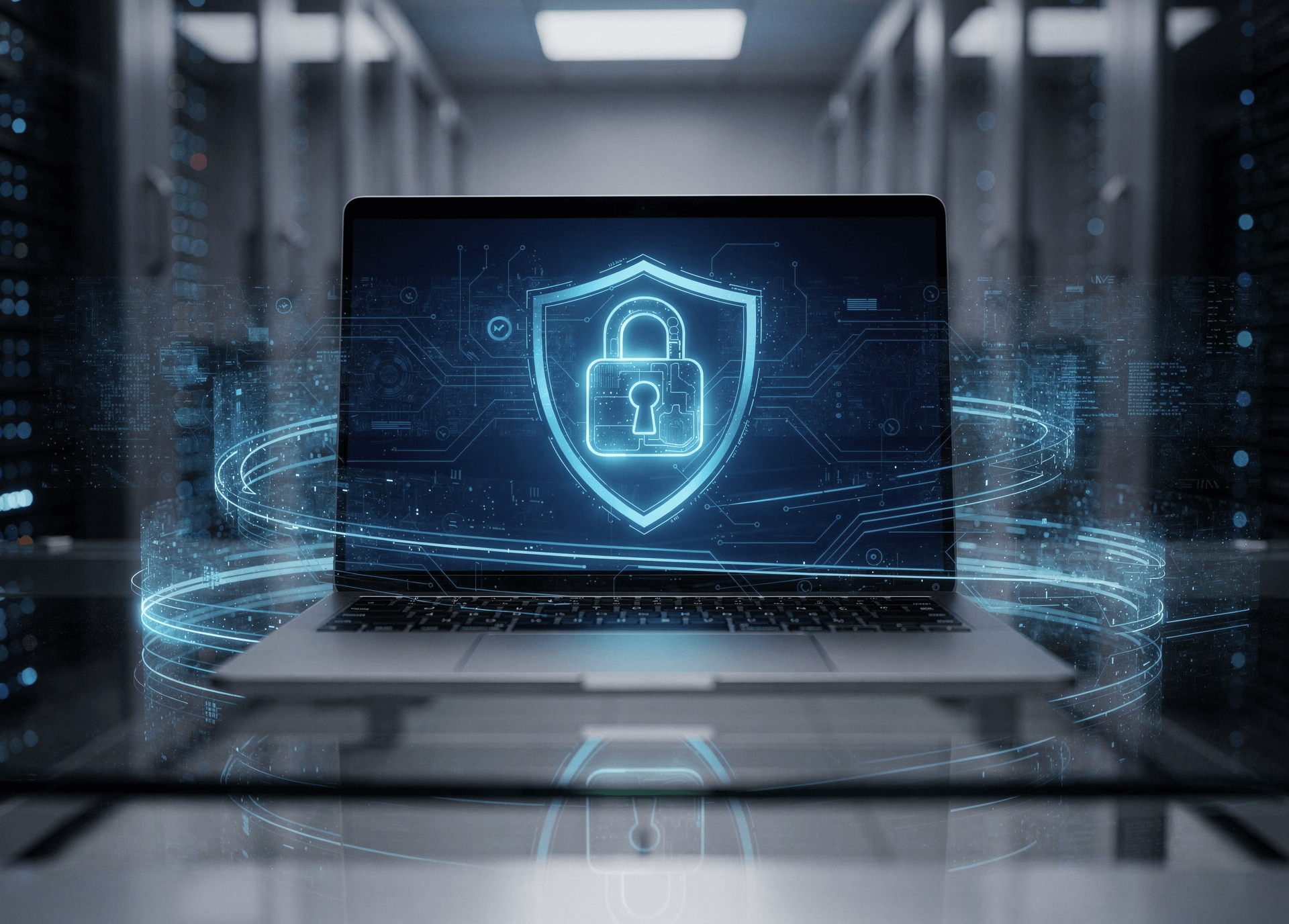 Laptop screen displaying a glowing digital shield and padlock icon in a secure server room, representing enterprise-grade cybersecurity and data protection.