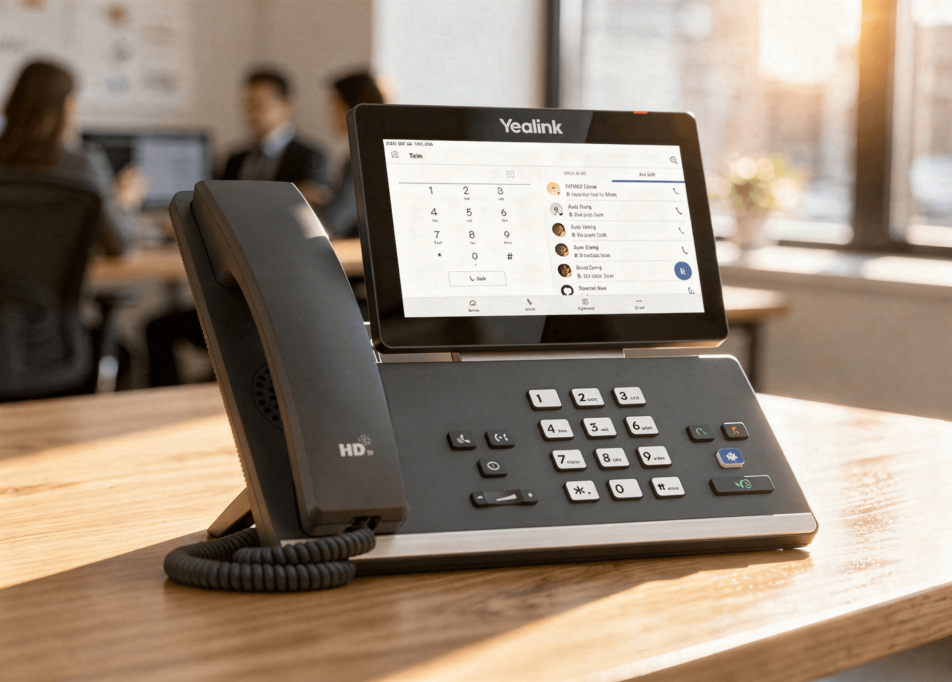 Modern Yealink VoIP business desk phone with touchscreen display on a wooden desk in a sunlit office, representing cloud phone systems.