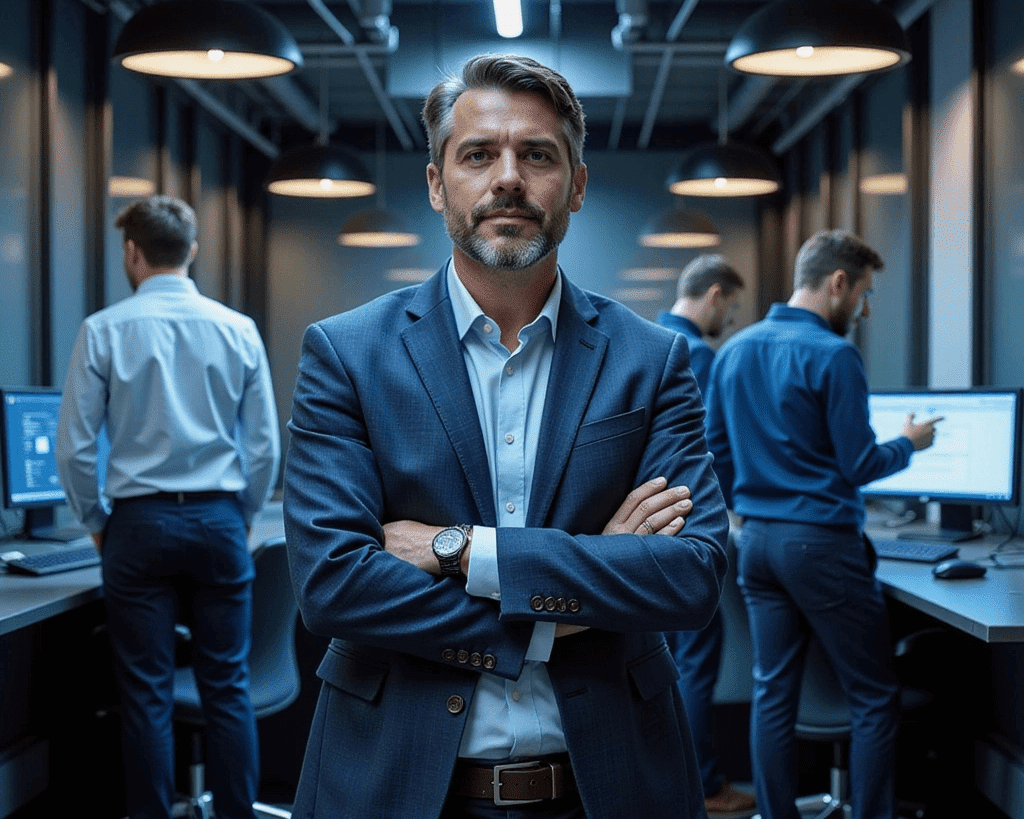 A confident IT Manager standing with arms crossed, supported by the Next Step Co-Managed IT team working on servers and screens in the background