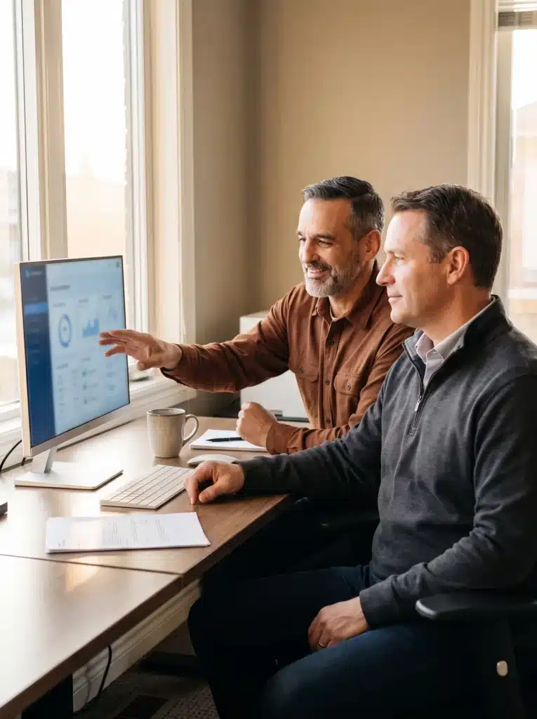 Technology advisor points to a business dashboard on a monitor while a small-business owner reviews it together in a bright office