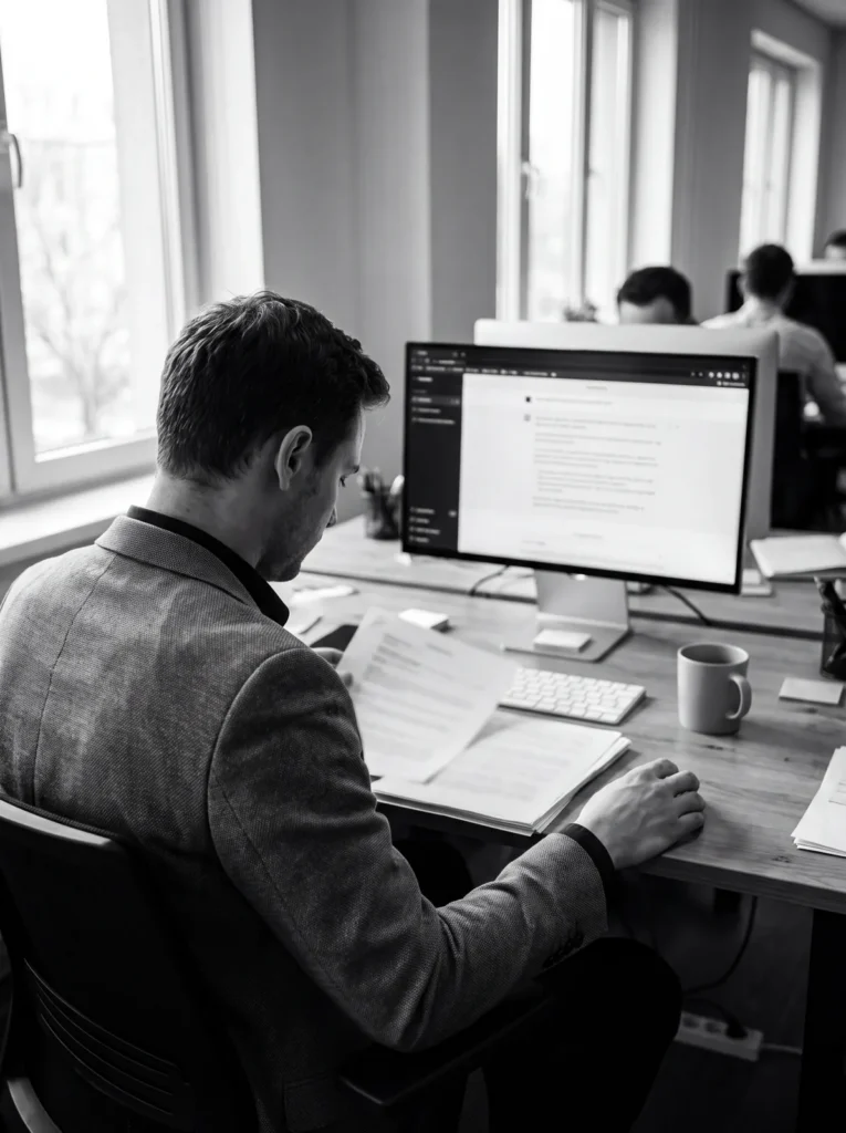 Employee at an office desk transferring information from a printed document into a public AI chat tool on his screen